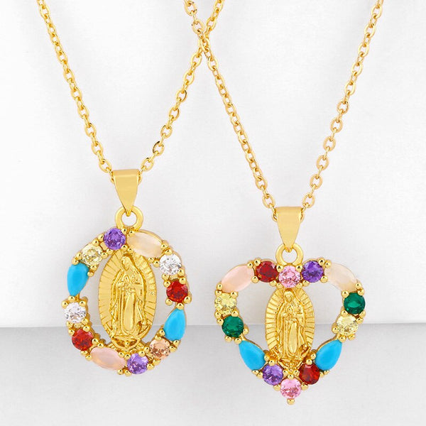 Rainbow Virgin Mary Pendant Necklaces For Women With Crystal Cross Necklaces Gold Cubic Zirconia Religious Jewelry nkeq37