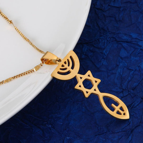 Stainless Steel Messianic Pendant Necklace Holy Land Menorah Hexagram Israel Hanukiah Chanukkiyah Jewelry