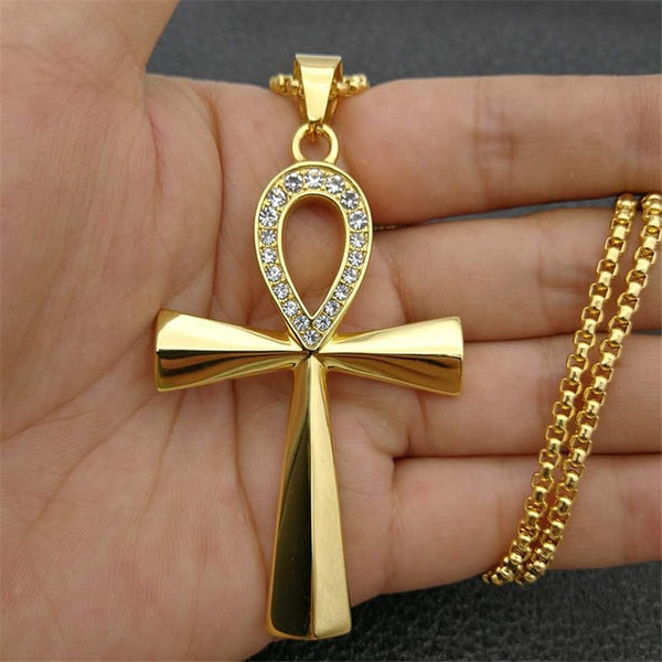 Egypt Iced Out Bling Ankh Cross Pendant Necklace Women Men Key of Life Gold Color Stainless Steel Rhinestones Egyptian Jewelry