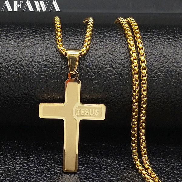 Stainless Steel Christian JESUS CROSS Pendant Necklaces for Men Gold Color Male Chain Necklace Jewelry collar hombre N1174S02