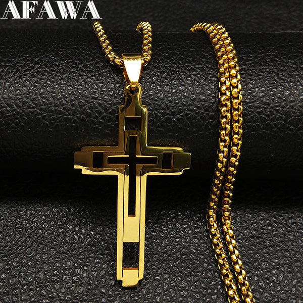 Cross Pendant Stainless Steel Male Necklace for Man Gold Color Men&#39;s Neck Chain Necklaces Jewelry corrente masculina N1173S02