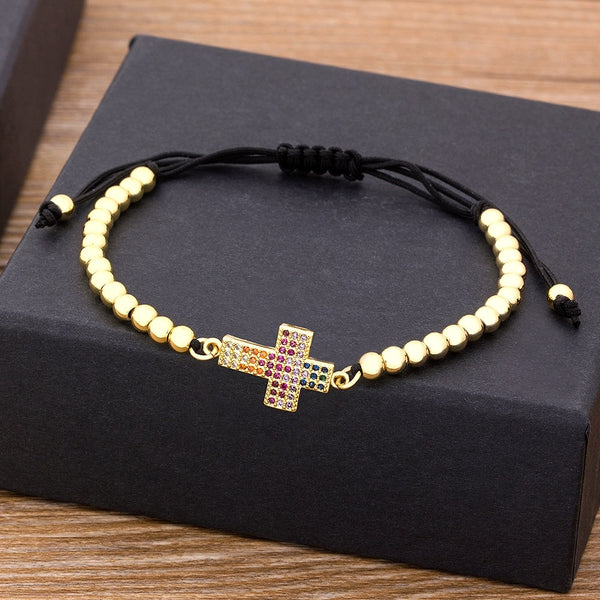Nidin New Trendy Jesus Cross Bracelet 4mm Copper CZ Beads Handmade Adjustable Bangle for Women Party Wedding Jewelry Gifts
