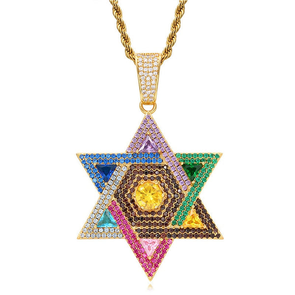 Rainbow Colors Cubic Zircon Magen Star Of David Pendant Israel Jewish Necklace Iced Out CZ Stone Men Hip Hop Jewelry Gift