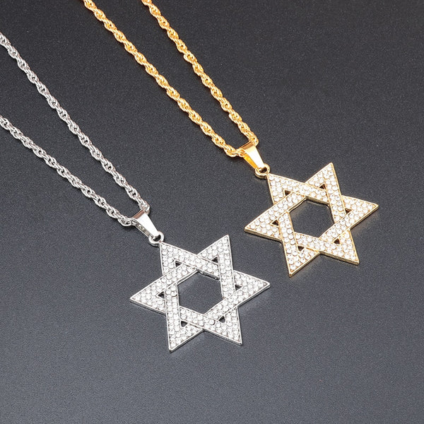 Classic Mysterious Judaism Star of David Pendant Necklace Full Zircon Inlaid Men&#39;s Casual Punk Religious Jewelry