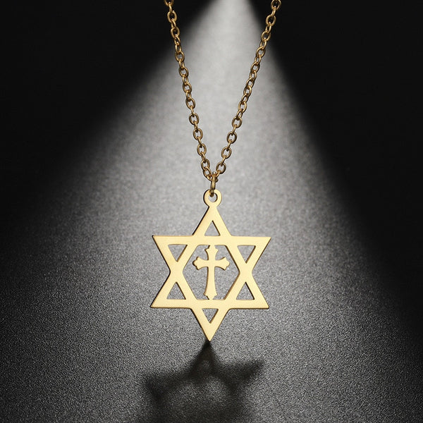 David Star Pendant Necklace For Women Stainless Steel Jewelry Israel Jewish Chain Star of David Cross Charm Choker Necklaces New