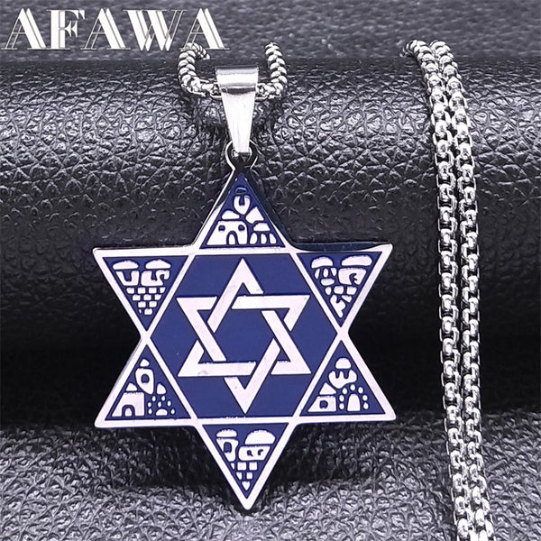 Jewish Hexagram Judaica Symbol Blue Color Pendant Necklace Stainless Steel Star of David Shield Necklaces Jewelry colar N2808S02