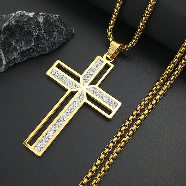 Catholic Crucifix Cross Necklace Gold Color Stainless Steel Christian Jesus Christ Necklaces Male Jewelry cordão masculino N4943