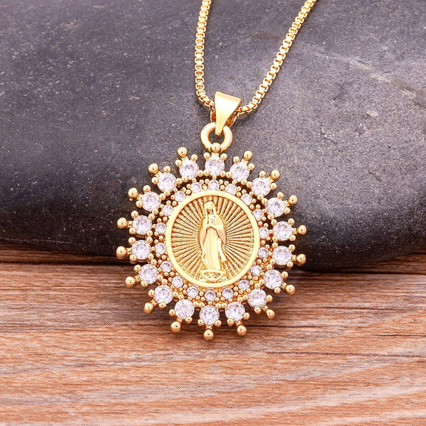 Nidin Hot Sale High Quality Women&#39;s Religious Jewelry Copper Micro Pave Inlaid Zircon Virgin Mary Pendant Believer Necklace Gift