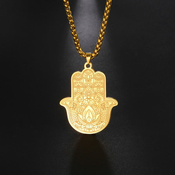 LIKGREAT Hamsa Hand Stainless Steel Pendant Necklace for Men Luck Palm Hand of Fatima Amulet Vintage Jewish Muslim Jewelry