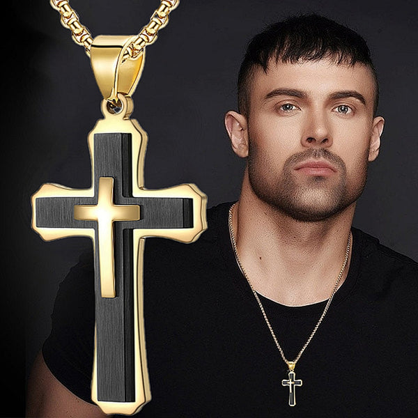 Fashionable Three-layer Gold-plated Cross Necklace Jesus Cross Pendant Hip-hop Necklaces for Men Cross Jewelry Anniversary Gift