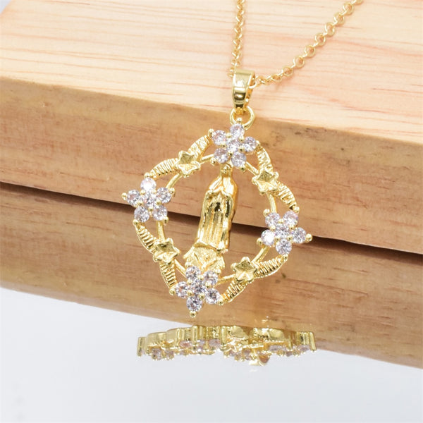 AILINFA New Fashion Flower Zirconia Virgin Mary Pendant Our Lady of Guadalupe Religious Jewelry Necklace Girl Faith Lucky Gift