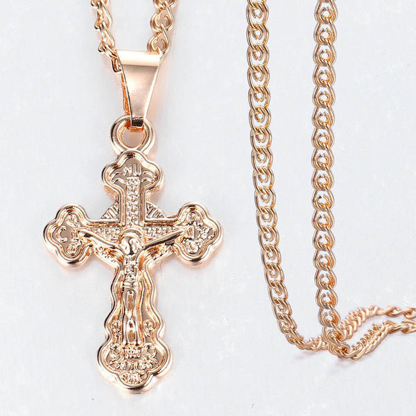 Cross Crucifix Clear Crystal Pendant Necklace for Men Women Gold Color Chain 585 Prayer Jesus Snail Link Chain Jewelry GPM26