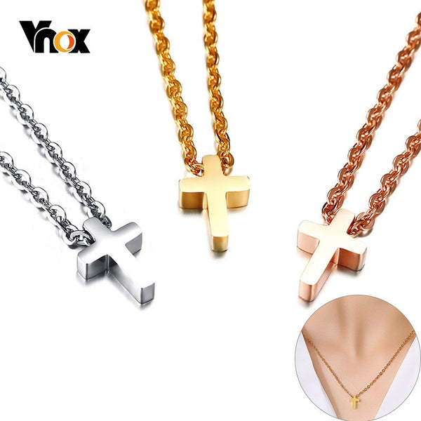 Vnox Small Cross Charm Women Necklaces Stainless Steel Simple Religious Christ Jewelry Elegant Lady Daily Jewelry