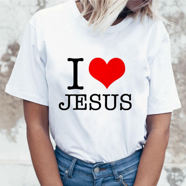 Women T-shirt I Love Jesus Print T-shirt O-Neck Hipster Tshirt Short Sleeve T-Shirt Casual Oversized T-shirt Tops Women Clothing
