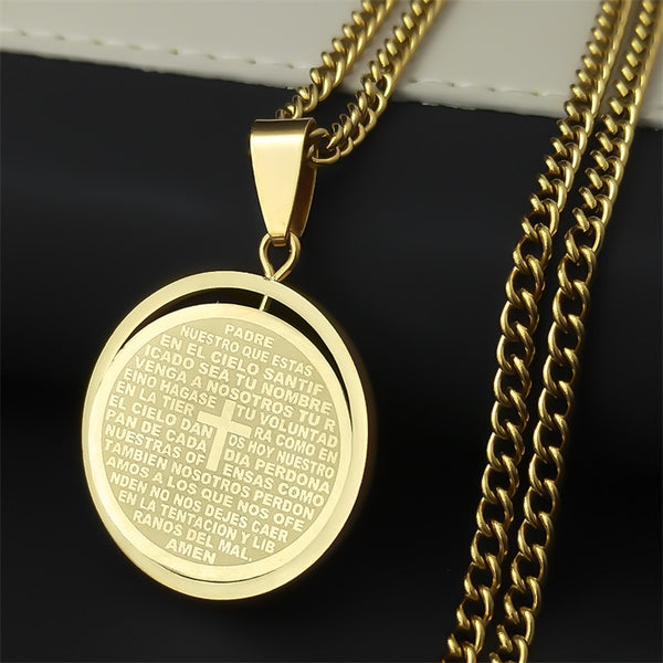 Christian Bible Lords Prayer Cross Pendant Necklace Stainless Steel Spanish Necklaces Religious Jewelry cordao masculino N2070