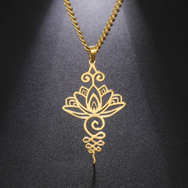 Dawapara Lotus Flower Pendant Necklace Men Women Yoga Healing Charms Unalome Symbol Amulet Stainless Steel Jewelry